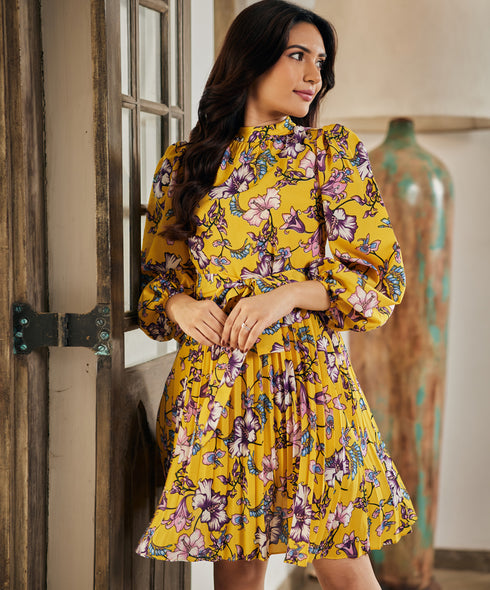 Floral Mock Neck Tie Waist Dress